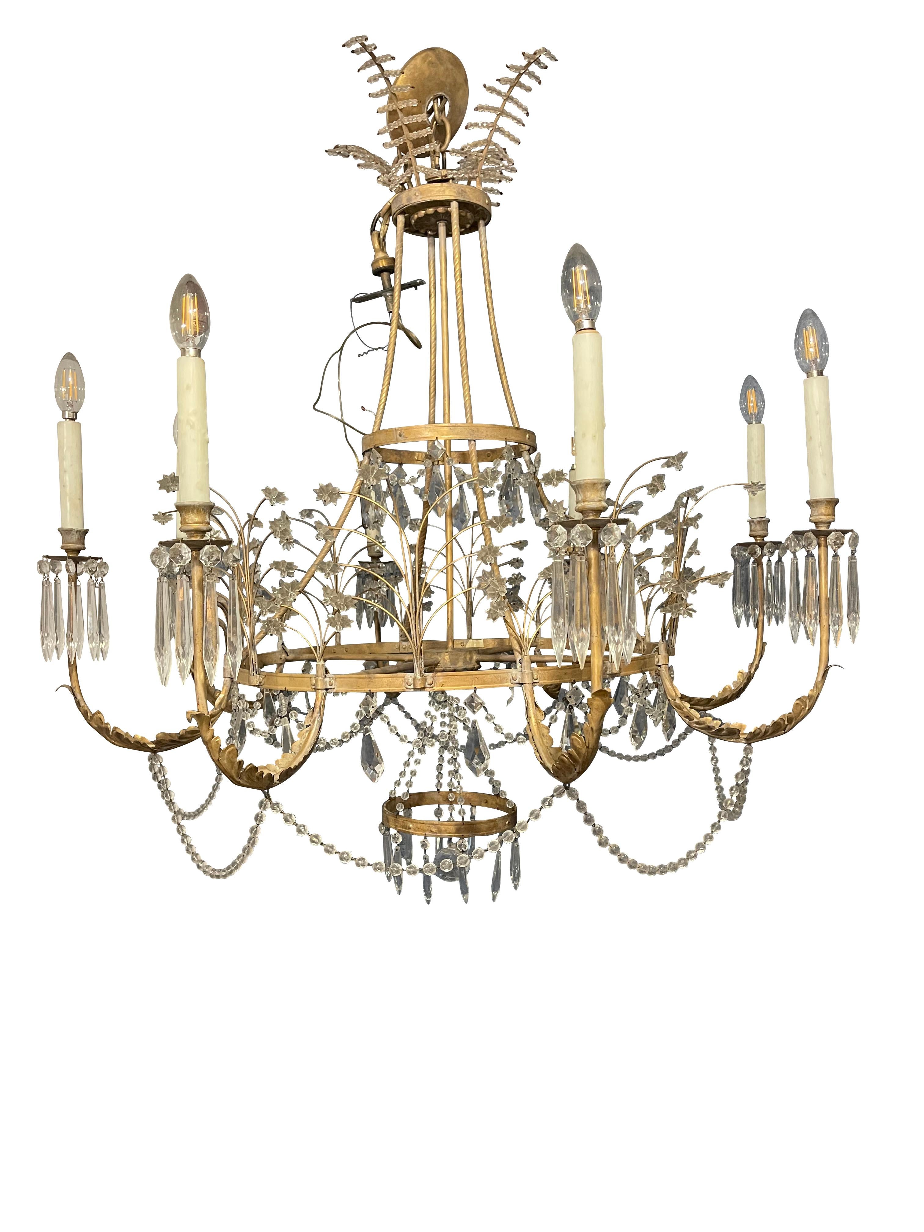 20th Century Swedish/ Russian style chandelier
A beautifully designed, circa 1960 eight-arm chandelier dripping in cut crystal. The gilt bronze carriage features delicate tendrils that spring outward to arching, crystal, frond style embellishments.