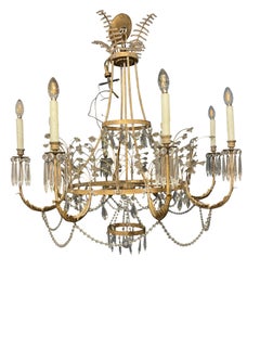 Lustre néoclassique du 20e siècle de style suédois en cristal et bronze doré