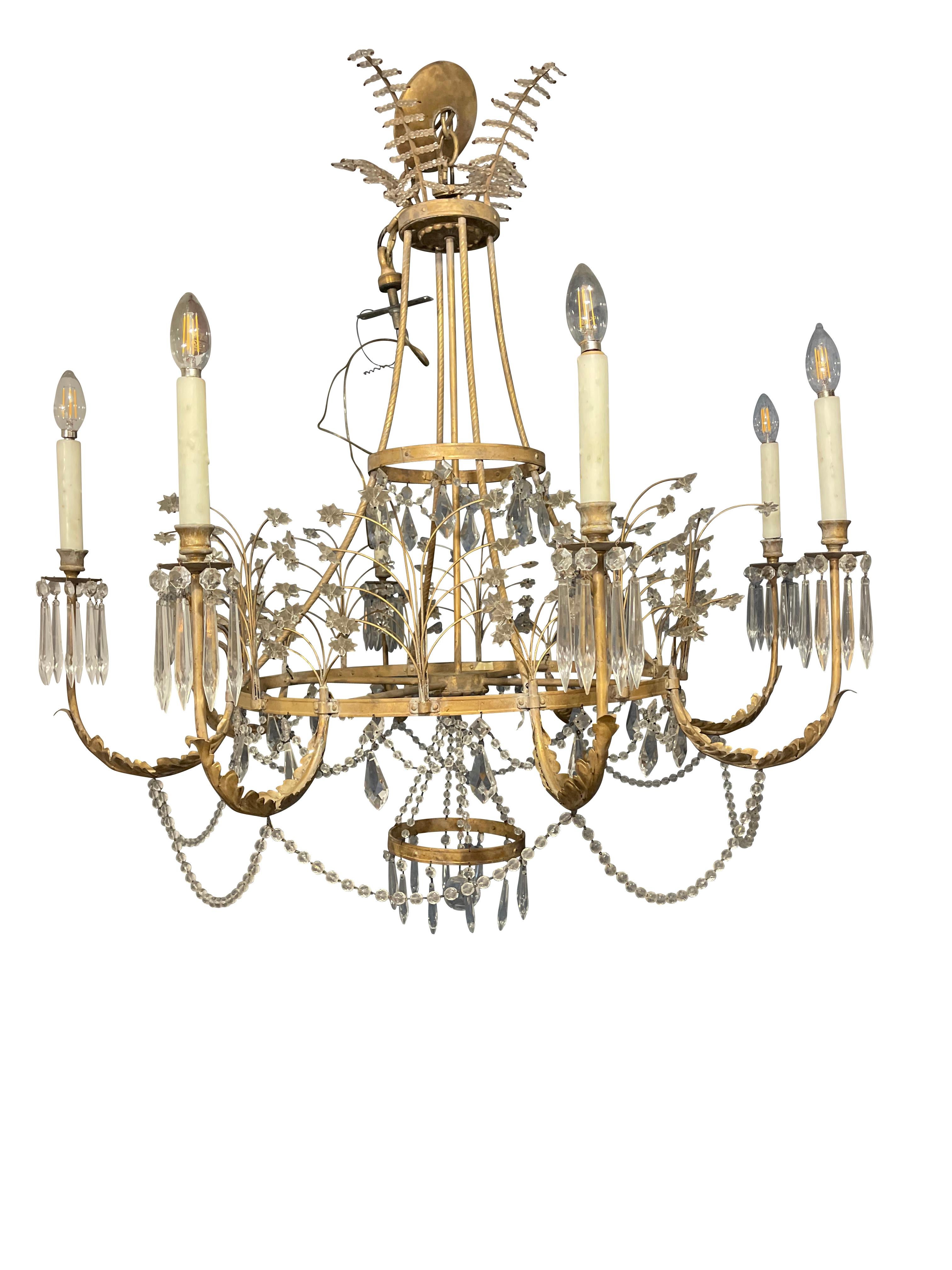 Hand-Crafted 20th Century Neoclassical Swedish Style Crystal and Gilt Bronze Chandelier  For Sale
