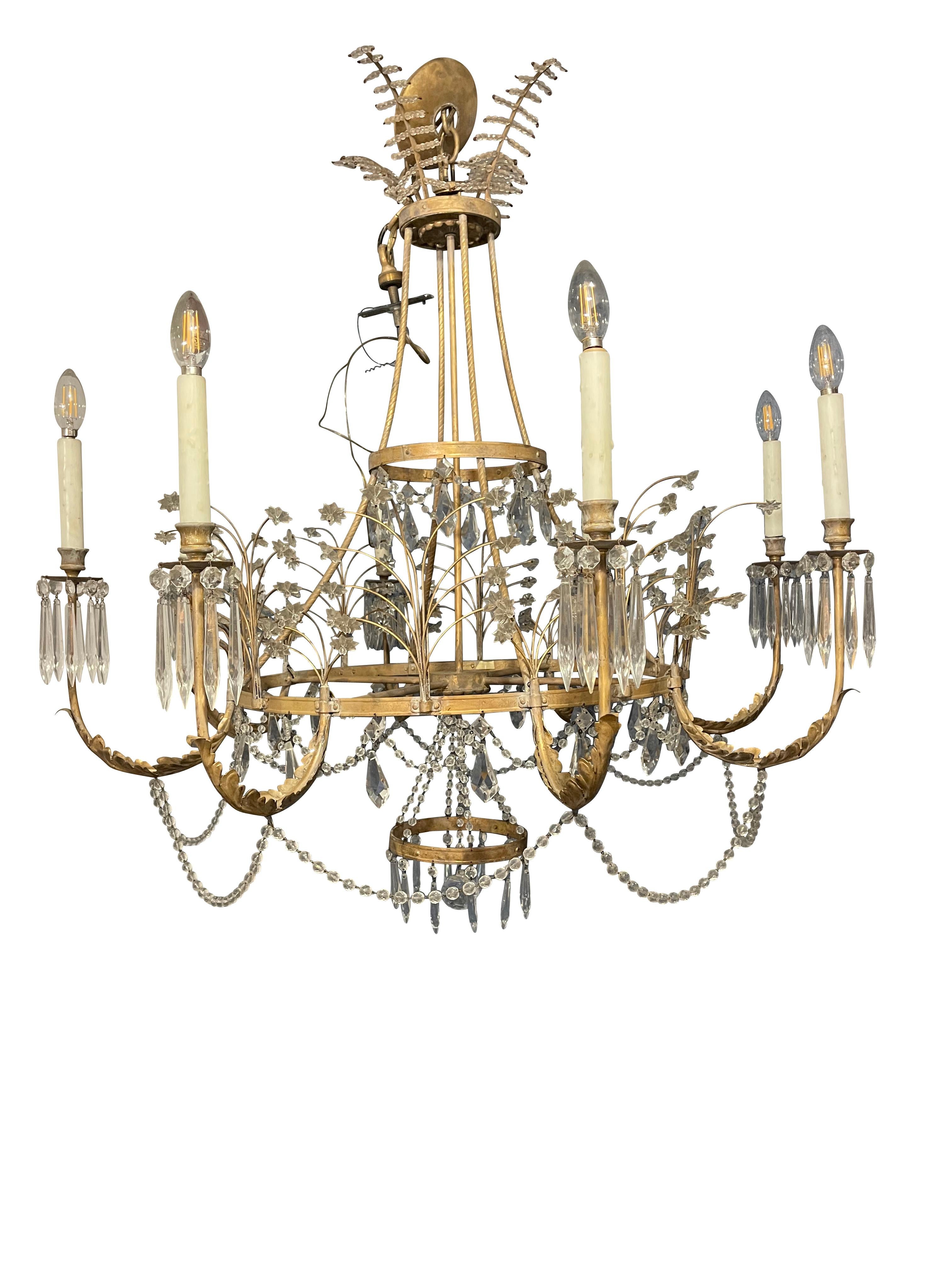 20th Century Neoclassical Swedish Style Crystal and Gilt Bronze Chandelier  In Good Condition For Sale In Essex, MA