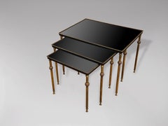 20th Century Nest of 3 Brass Tables with Black Lacquered Mirror Tops