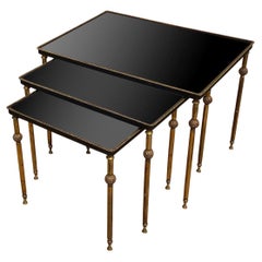 20th Century Nest of 3 Brass Tables with Black Lacquered Mirror Tops