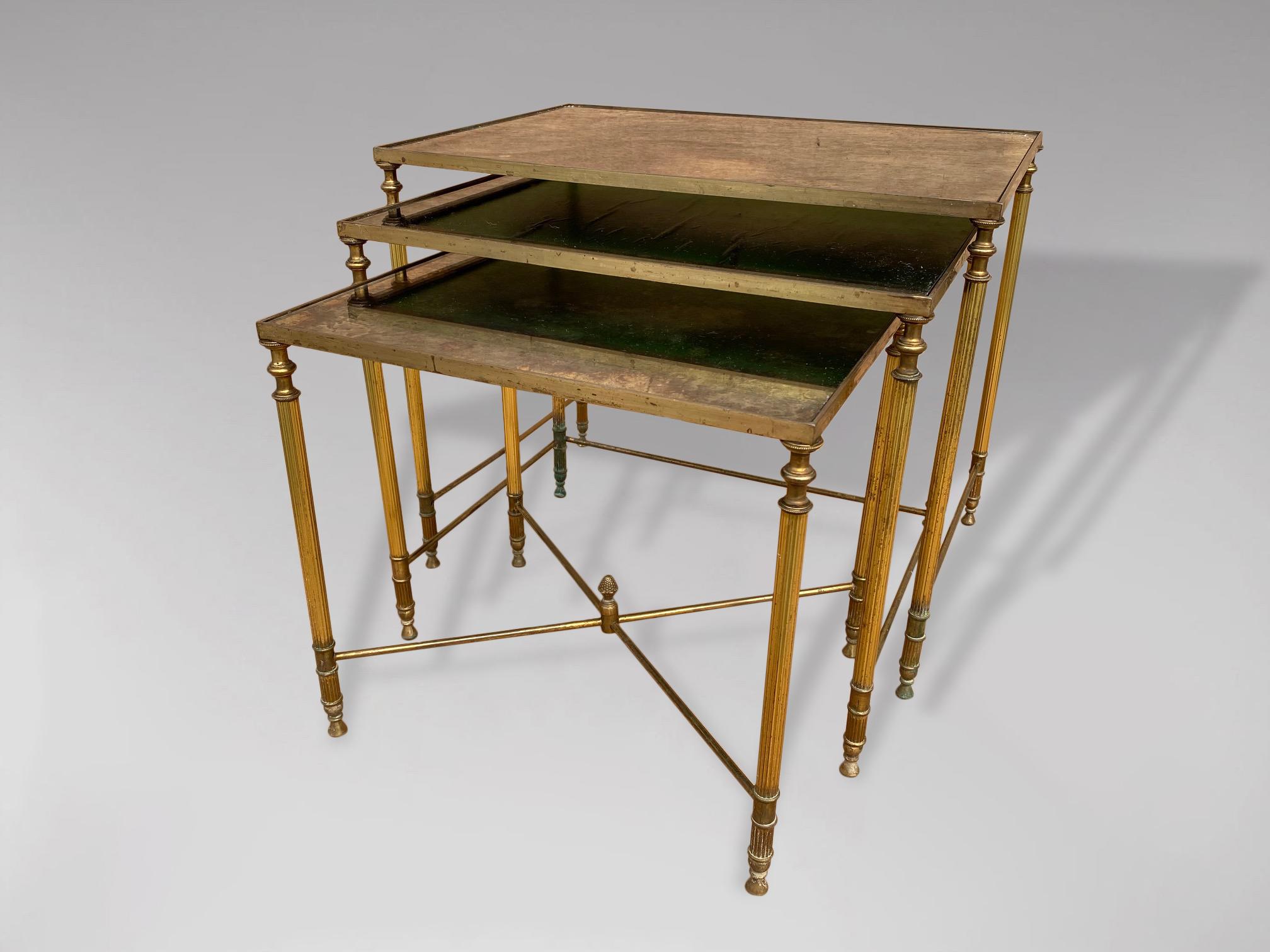 Belgian 20th Century Nest of 3 Brass Tables with Gold Leaf Glass Tops