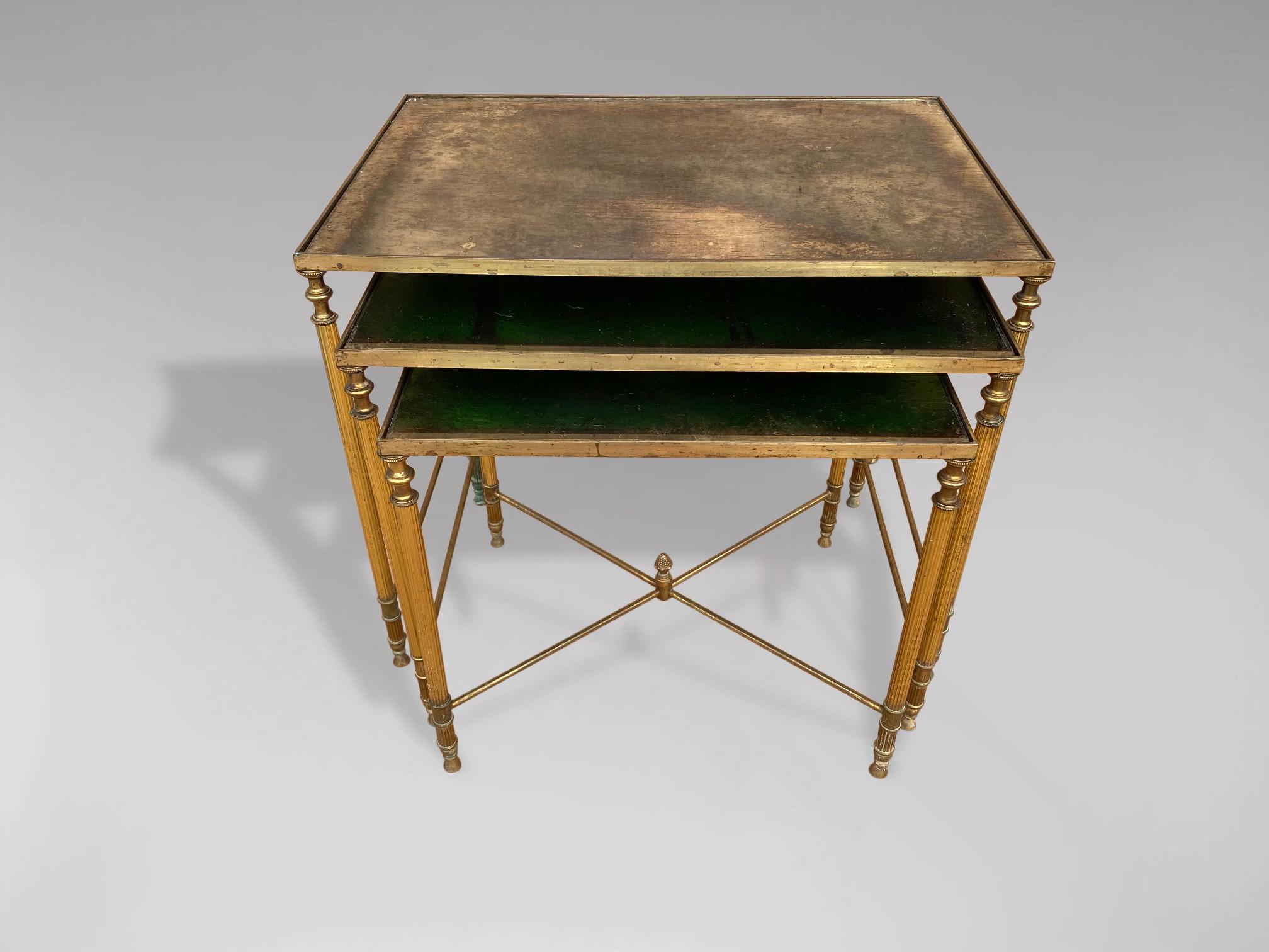 Hand-Crafted 20th Century Nest of 3 Brass Tables with Gold Leaf Glass Tops
