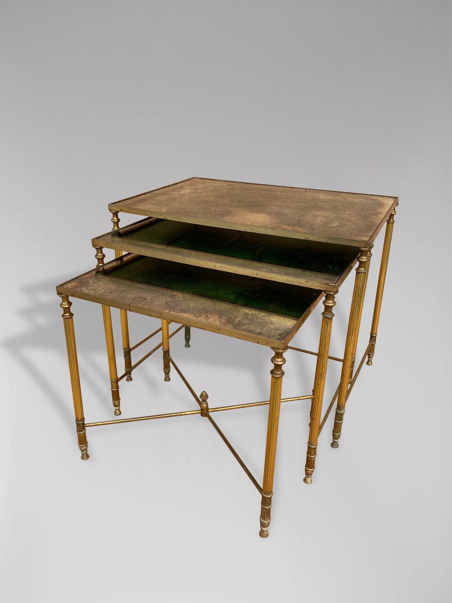 20th Century Nest of 3 Brass Tables with Gold Leaf Glass Tops In Good Condition In Petworth,West Sussex, GB