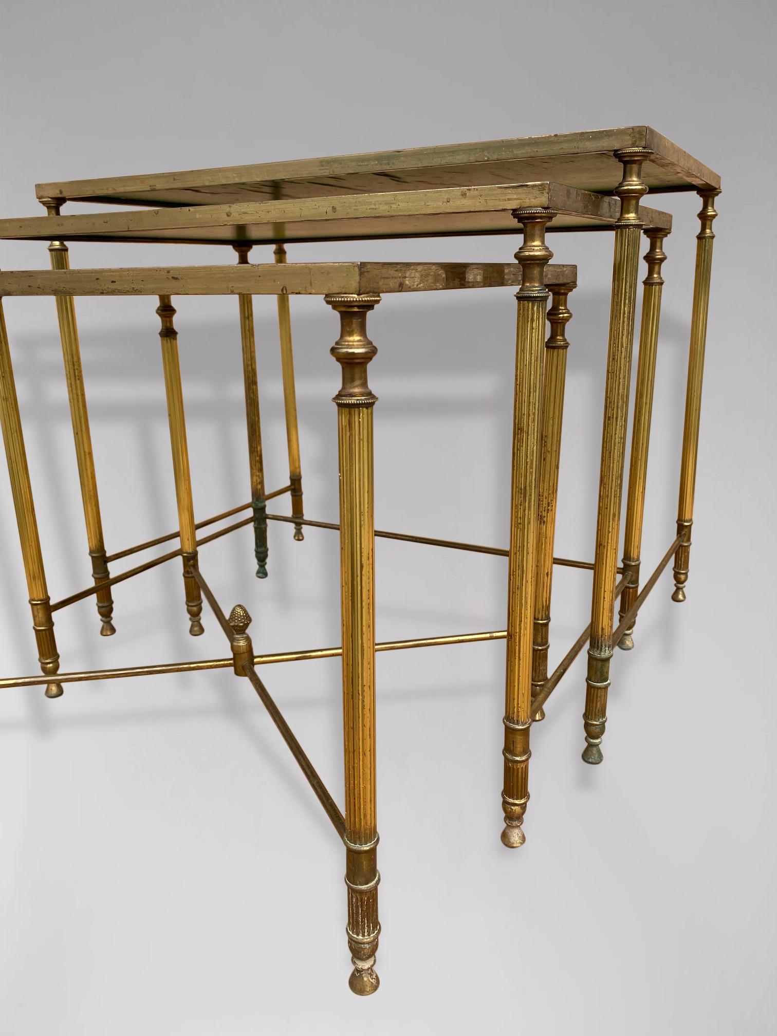 20th Century Nest of 3 Brass Tables with Gold Leaf Glass Tops 1