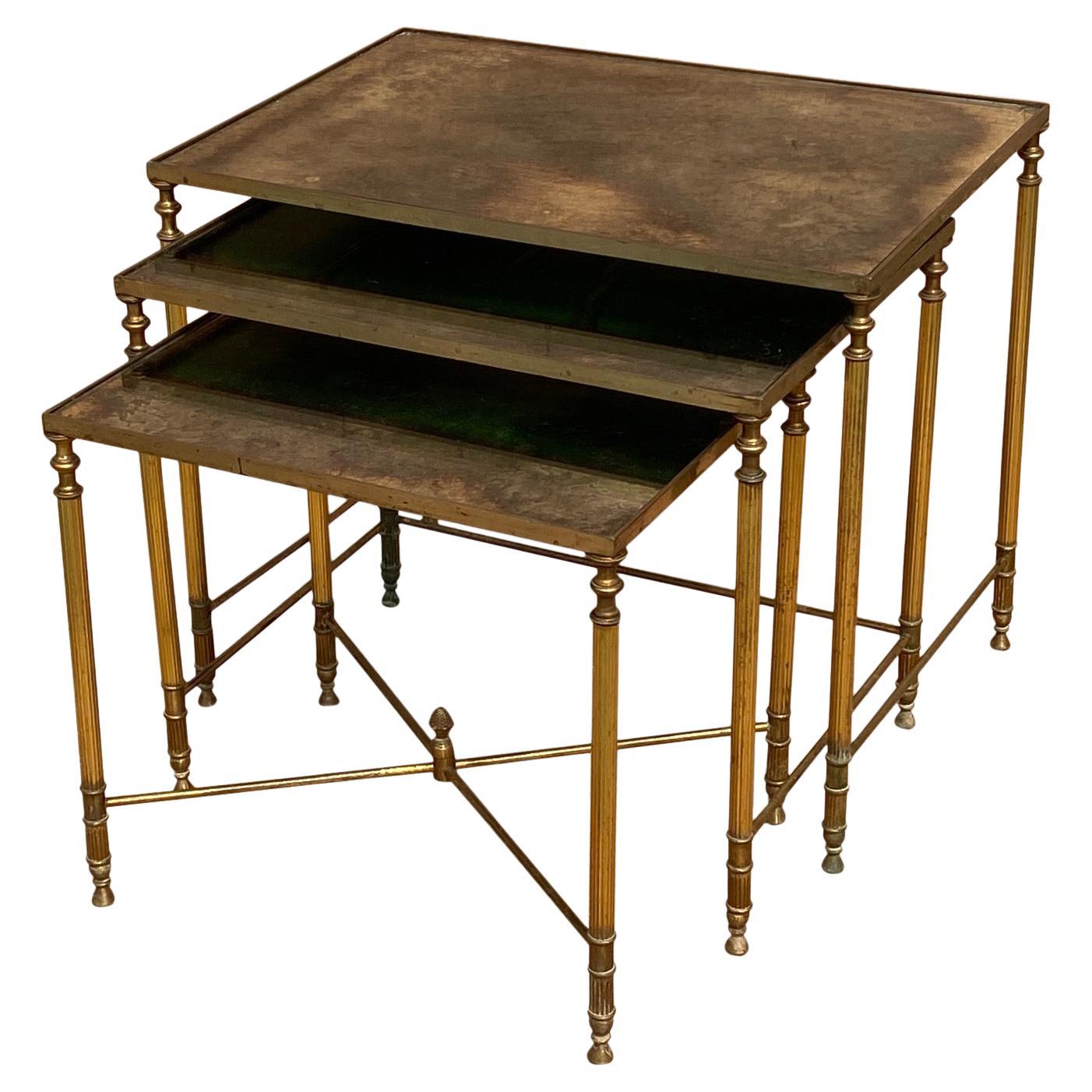 20th Century Nest of 3 Brass Tables with Gold Leaf Glass Tops