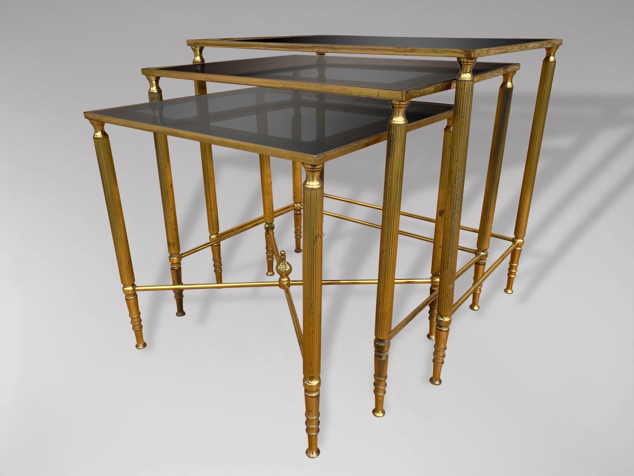 Hand-Crafted 20th Century Nest of 3 Brass Tables with Smoked Glass and Mirror Frame Tops
