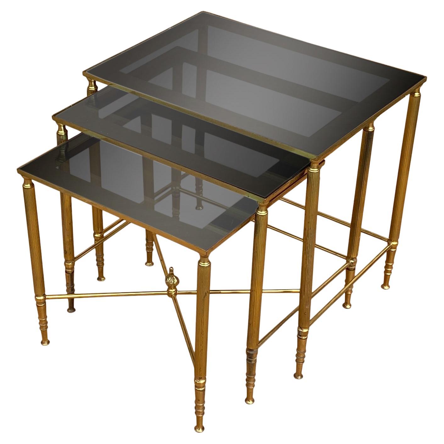 20th Century Nest of 3 Brass Tables with Smoked Glass and Mirror Frame Tops