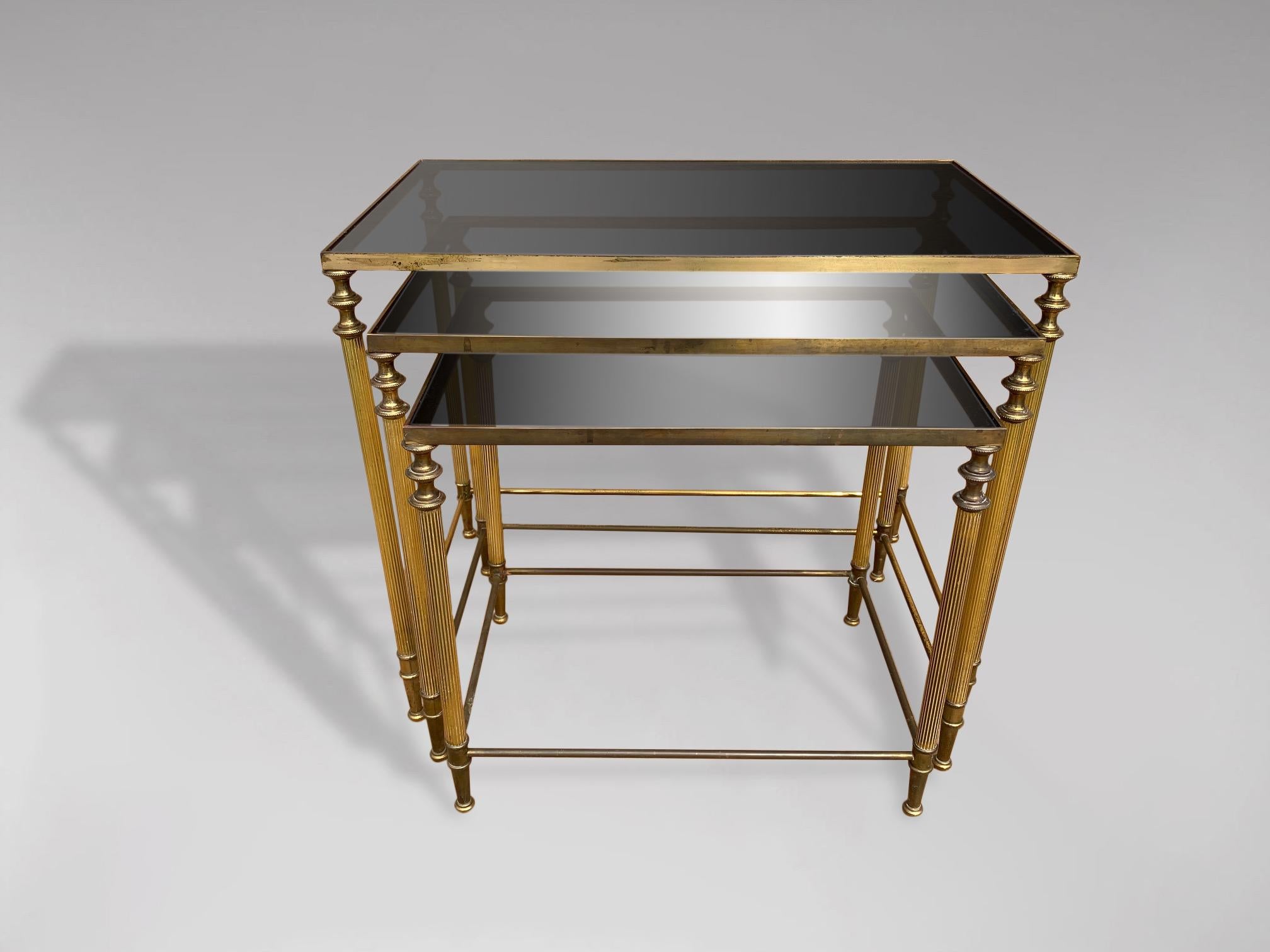 Belgian 20th Century Nest of 3 Brass Tables with Smoked Glass Tops