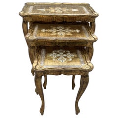 Antique 20th Century Nest of 3 Giltwood and Carved Side Tables with Cabriole Shaped Legs