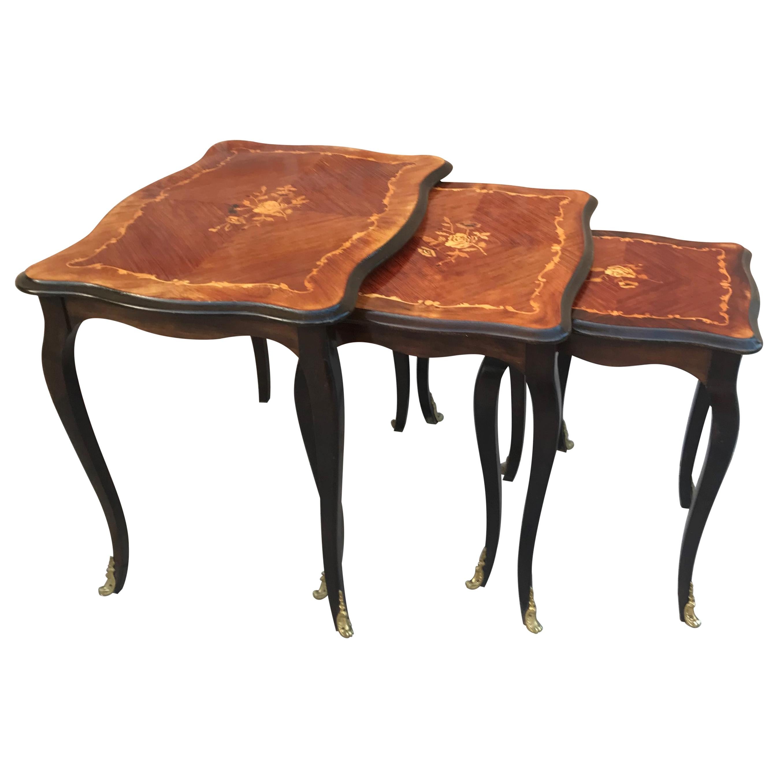 20th Century Nest of 3 Marquetry Side Tables with Cabriole Shaped Legs