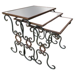 20th Century Nest of 3 Painted Wrought Iron Tables with Mirror Tops