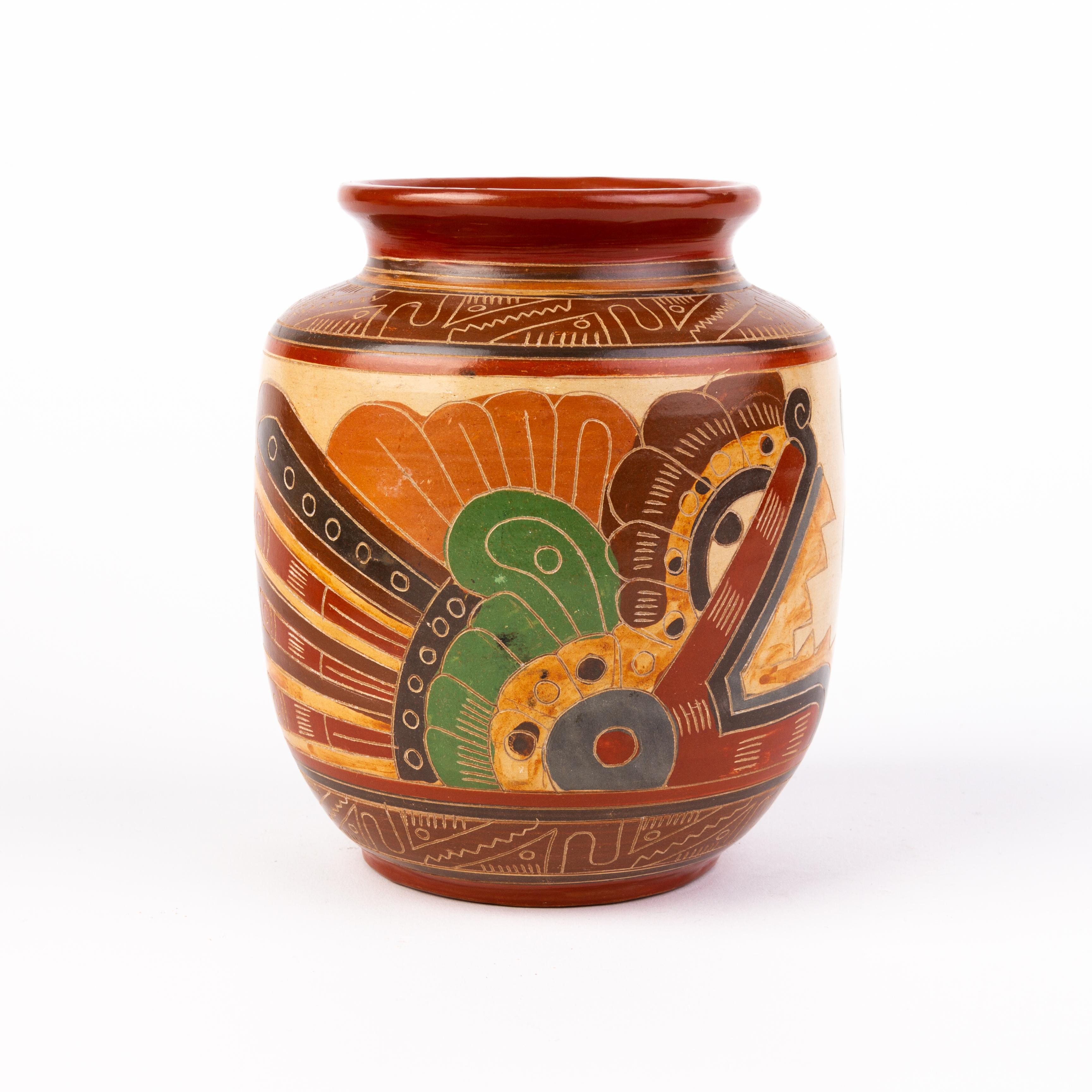 Polychromed 20th Century Nicaraguan Pottery Central American Incised Bowl For Sale