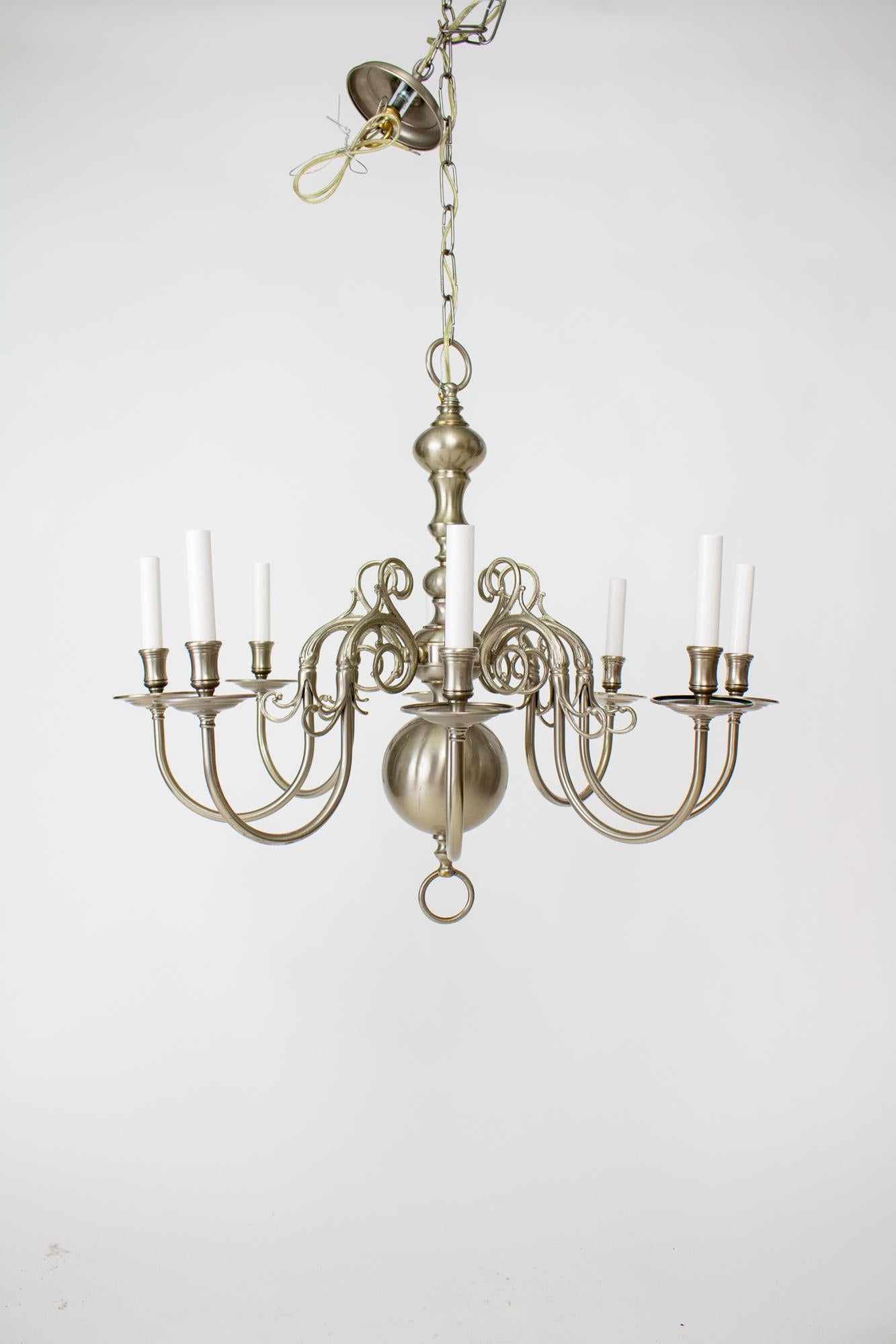 20th Century Nickel 8 Arm Colonial Style Chandelier For Sale 5