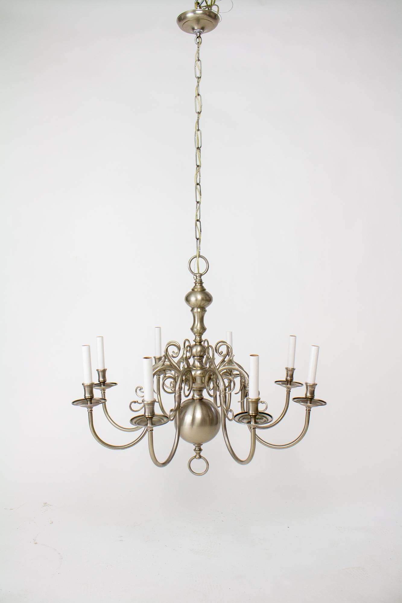 20th Century Nickel 8 Arm Colonial Style Chandelier For Sale 6