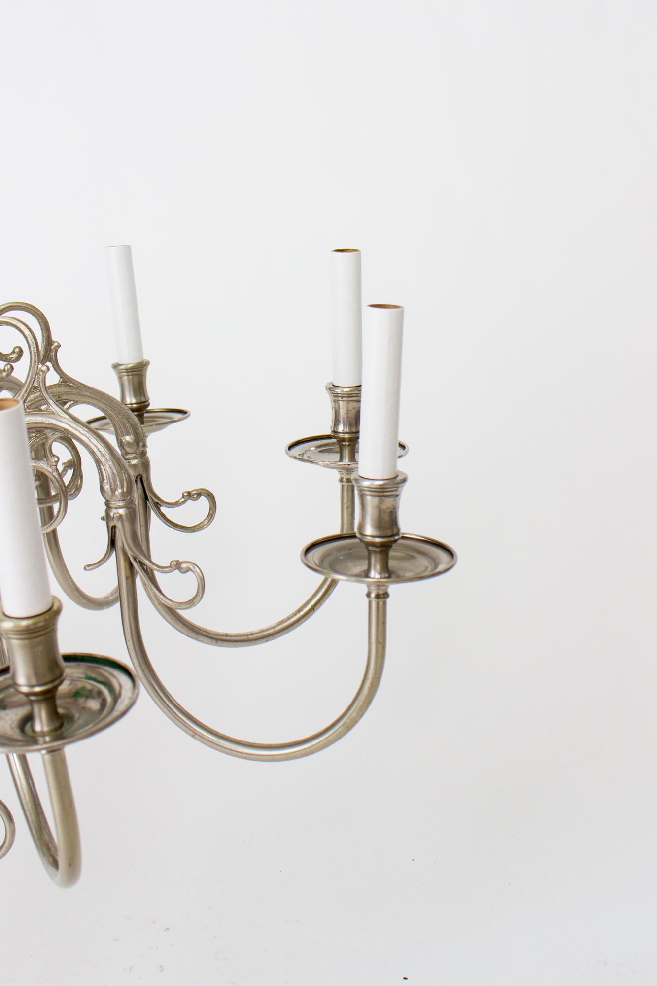 20th Century Nickel 8 Arm Colonial Style Chandelier For Sale 8