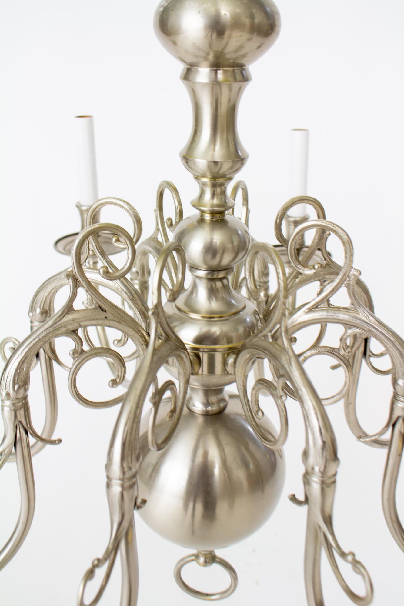 20th Century Nickel 8 Arm Colonial Style Chandelier For Sale 9