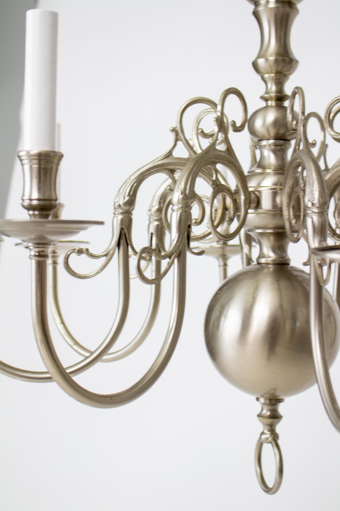 Dutch Colonial 20th Century Nickel 8 Arm Colonial Style Chandelier For Sale