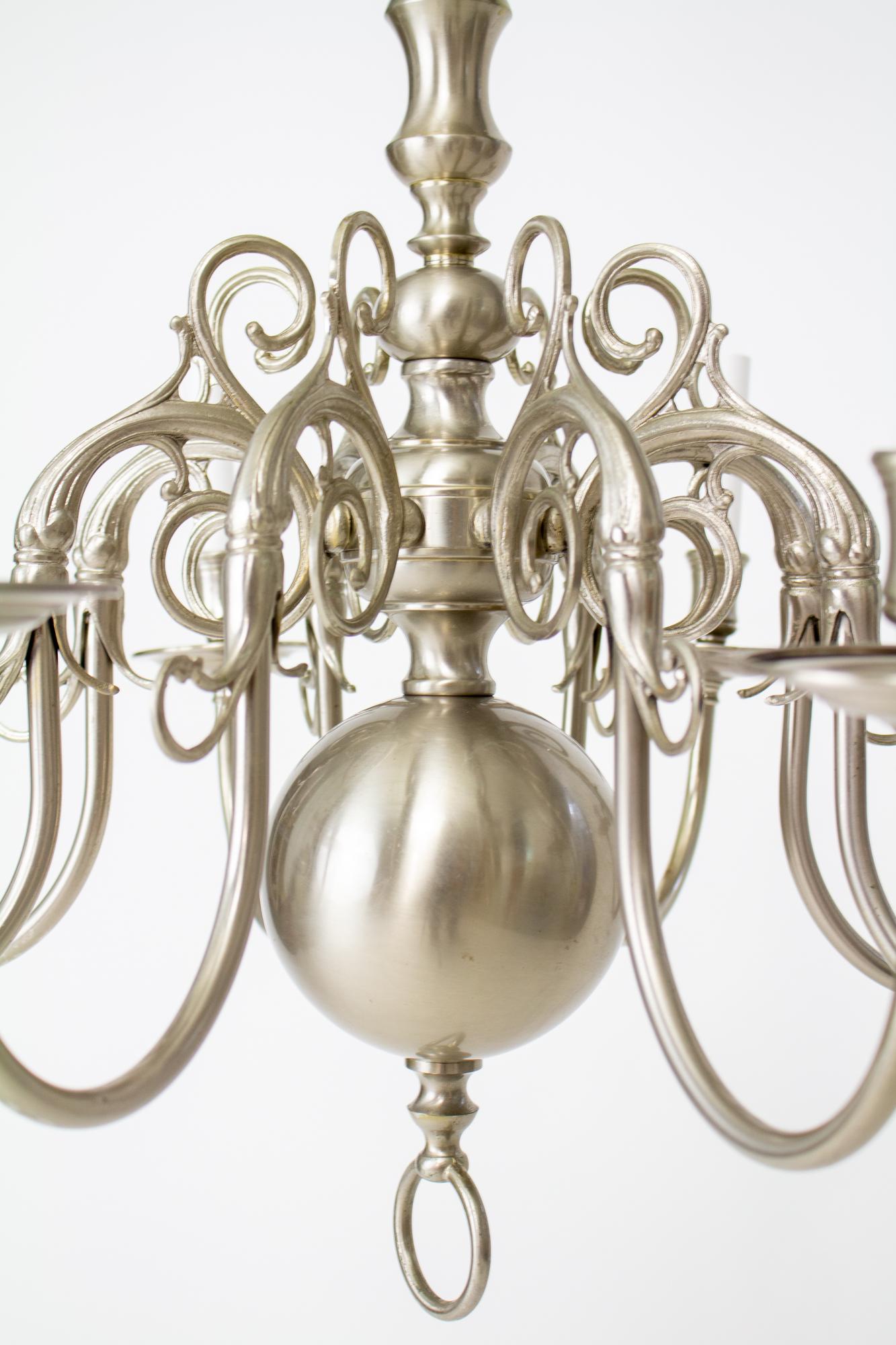 American 20th Century Nickel 8 Arm Colonial Style Chandelier For Sale