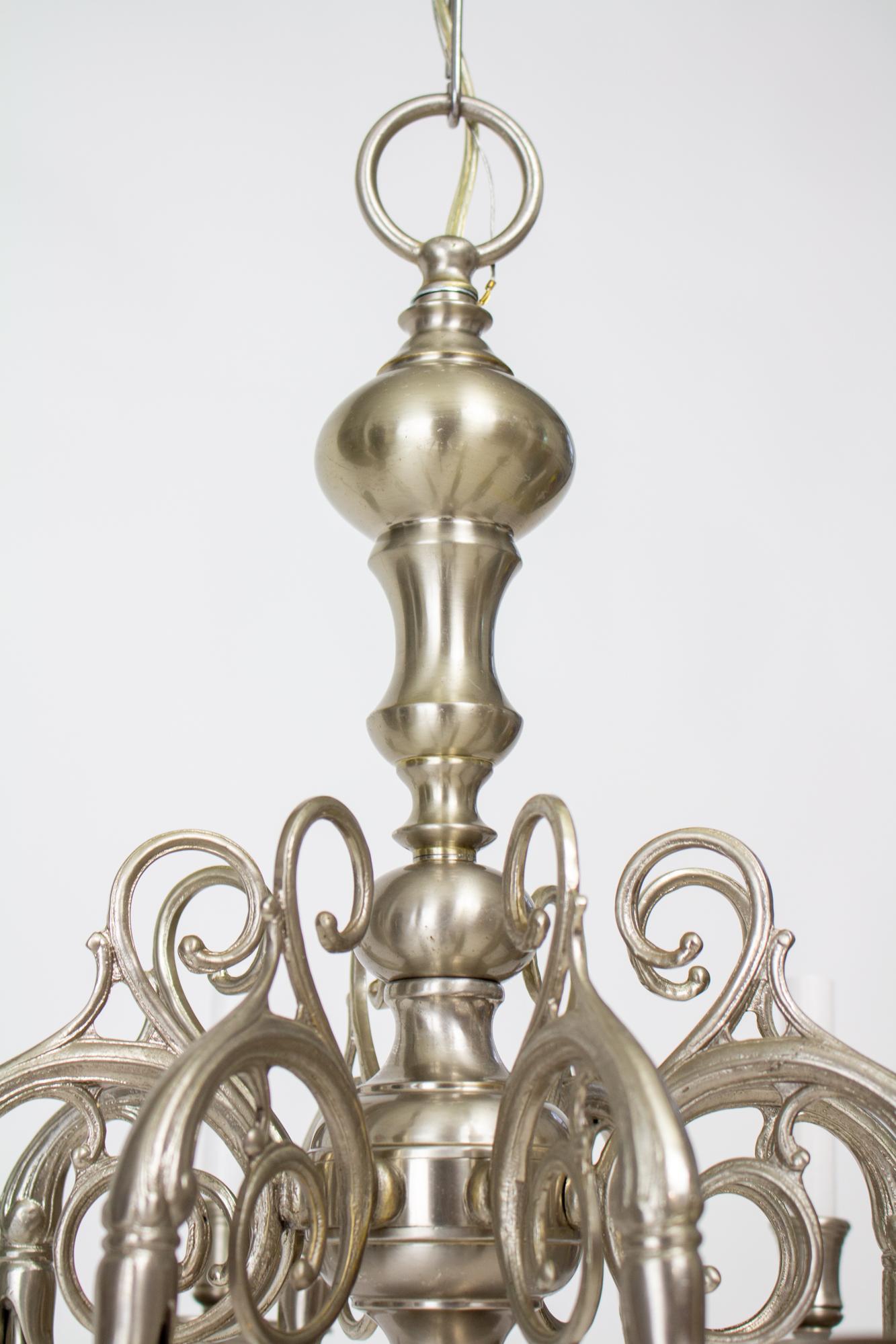 20th Century Nickel 8 Arm Colonial Style Chandelier In Good Condition For Sale In Canton, MA