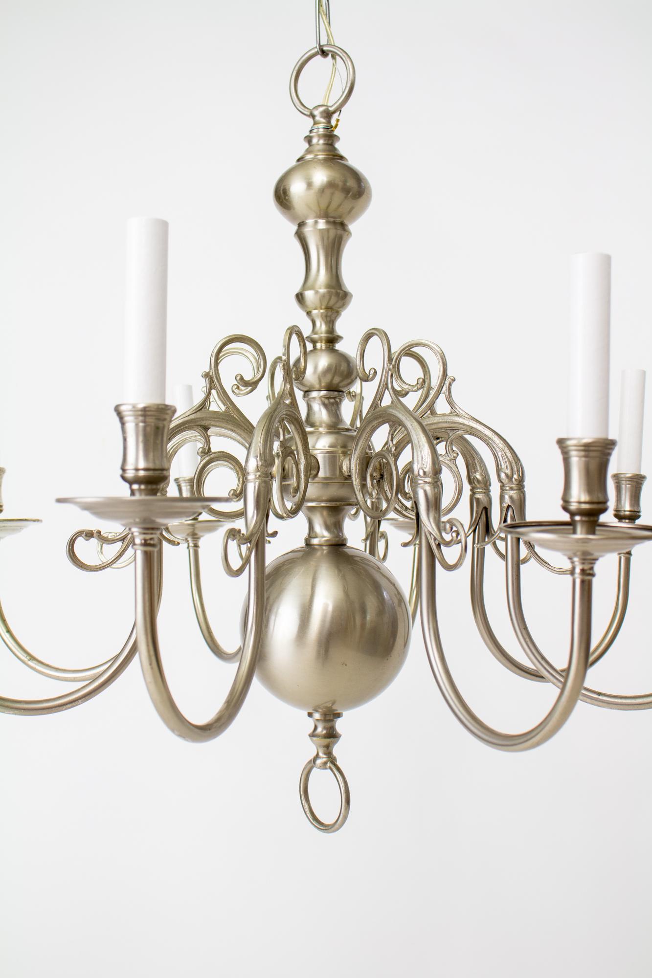 20th Century Nickel 8 Arm Colonial Style Chandelier For Sale 1