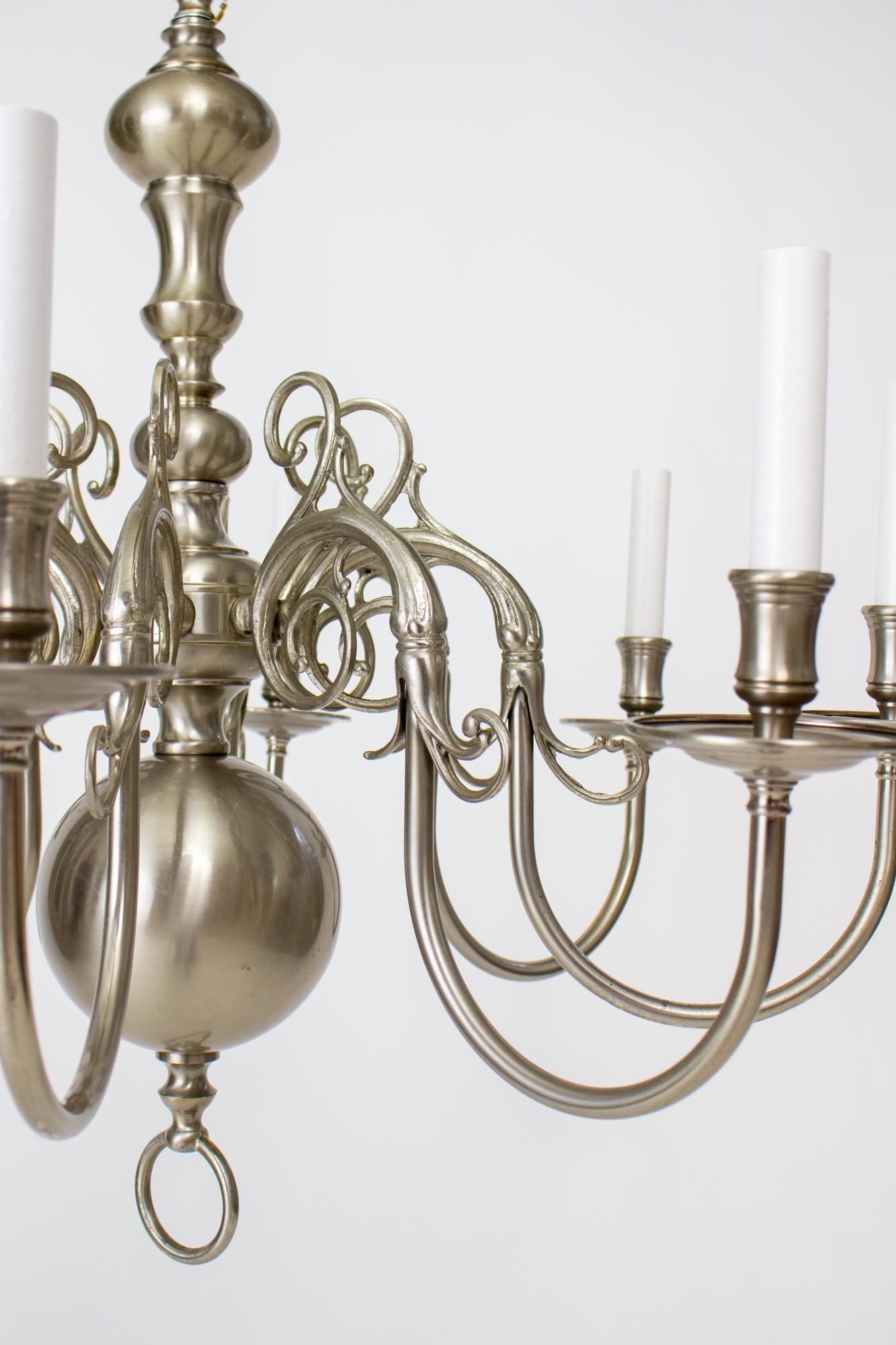 20th Century Nickel 8 Arm Colonial Style Chandelier For Sale 2