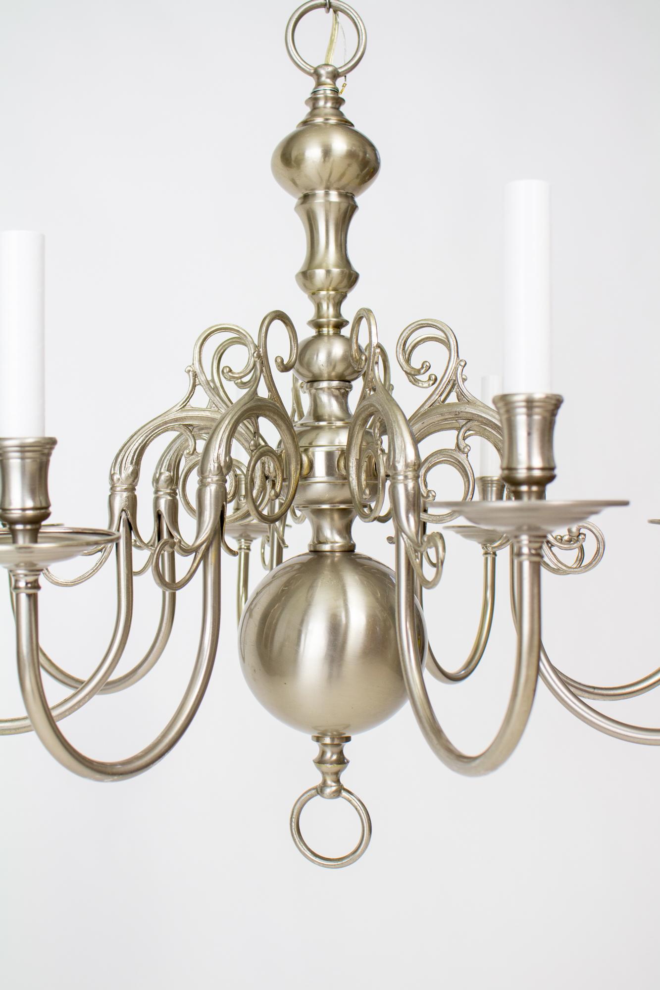 20th Century Nickel 8 Arm Colonial Style Chandelier For Sale 3