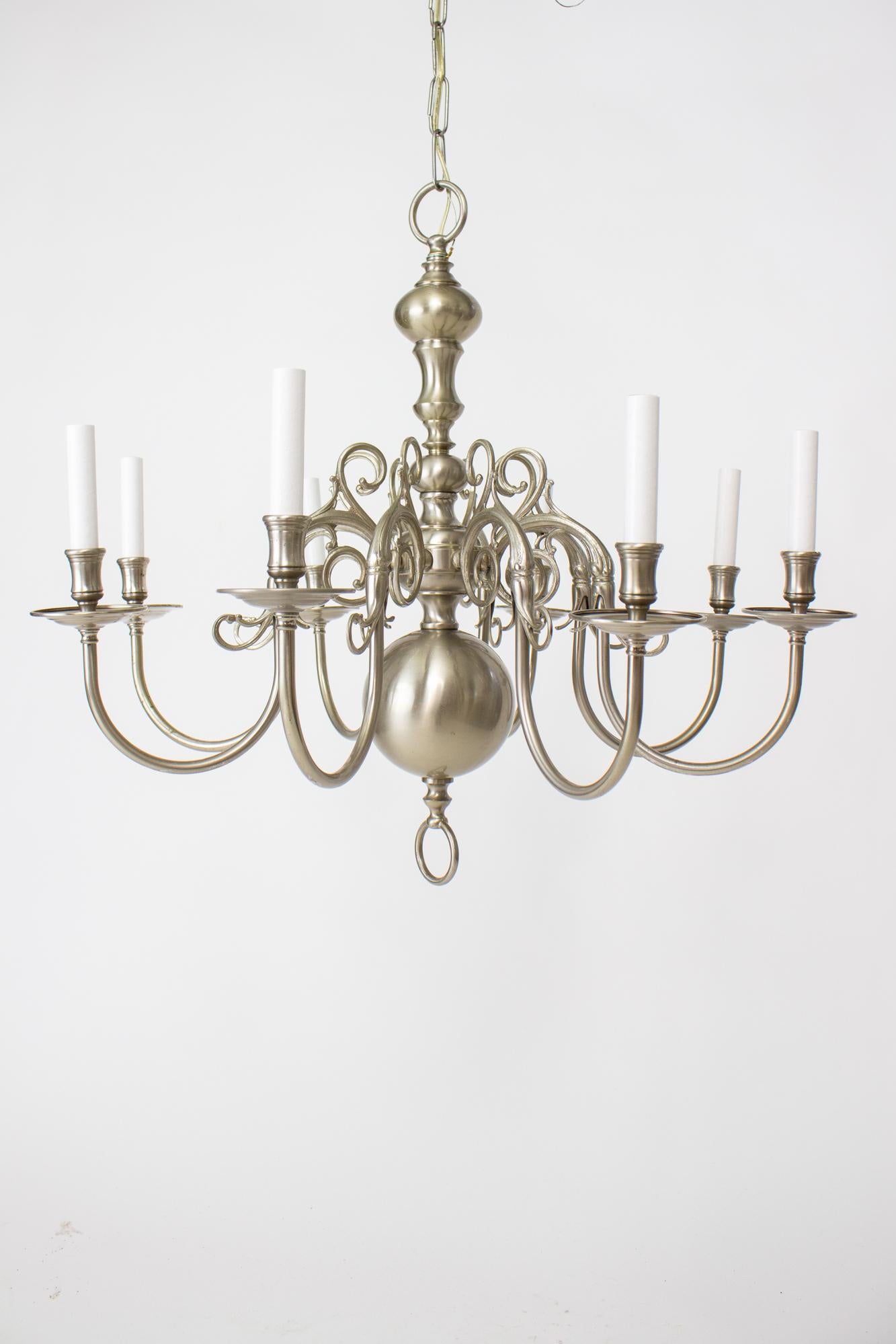 20th Century Nickel 8 Arm Colonial Style Chandelier For Sale 4