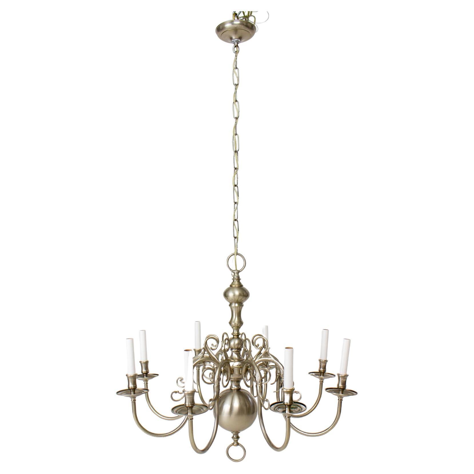 20th Century Nickel 8 Arm Colonial Style Chandelier