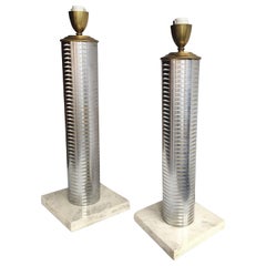 20th Century Nickel-Plated and Marble Table Lamps, a Pair