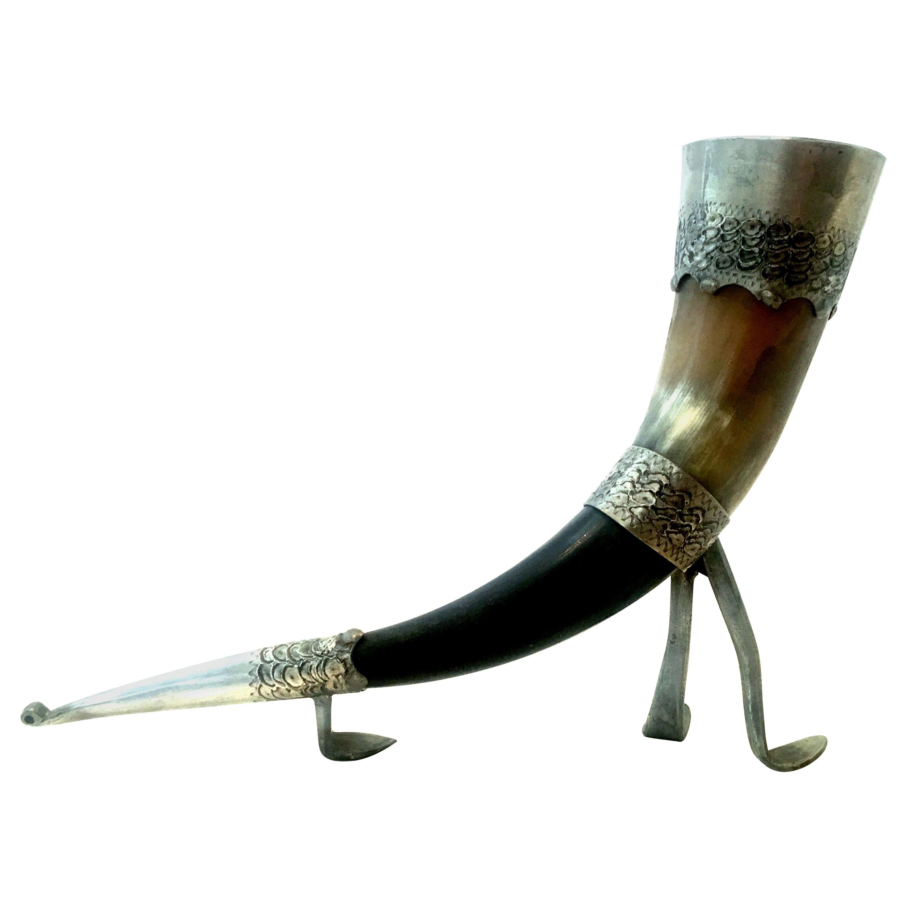 20th Century Norwegian Horn and Footed Pewter Drinking Cup For Sale