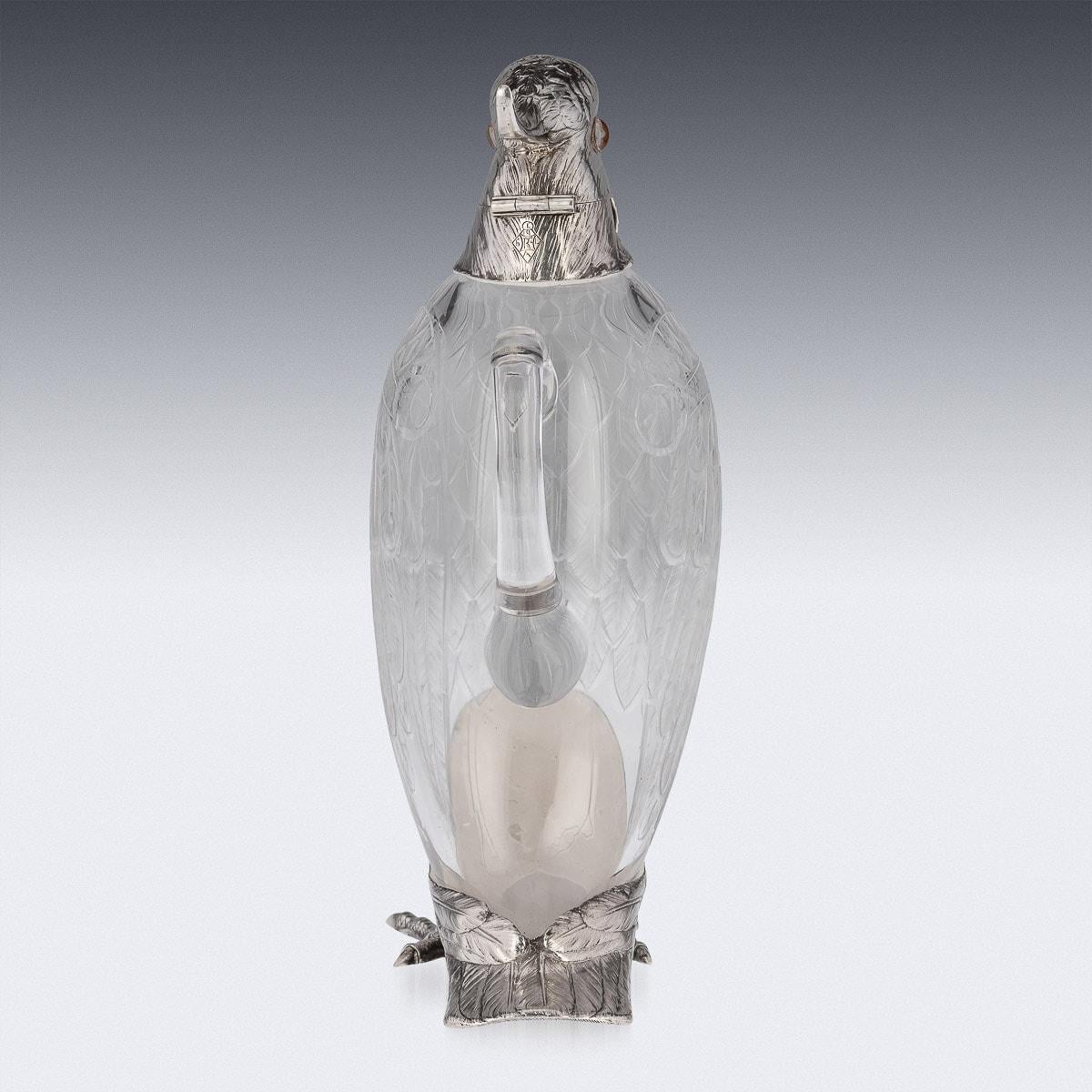 British 20th Century Novelty Cockatoo Solid Silver & Glass Claret Jug, C.1927