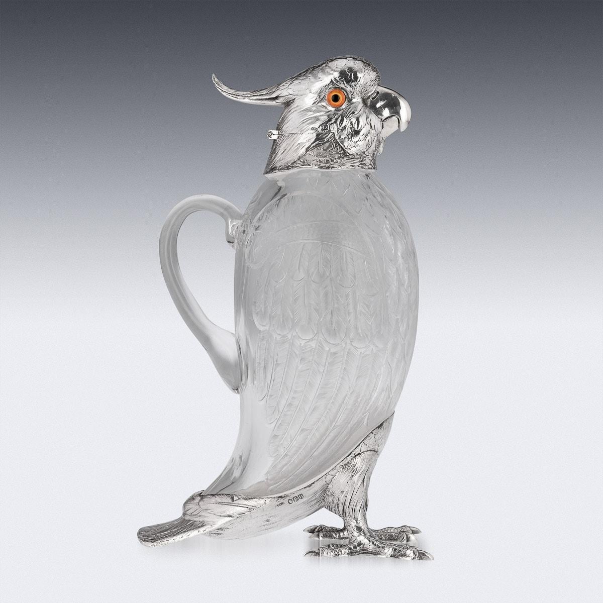 20th Century Novelty Cockatoo Solid Silver & Glass Claret Jug, C.1927 In Good Condition In Royal Tunbridge Wells, Kent