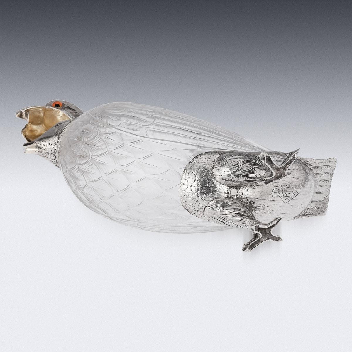 20th Century Novelty Cockatoo Solid Silver & Glass Claret Jug, C.1927 2