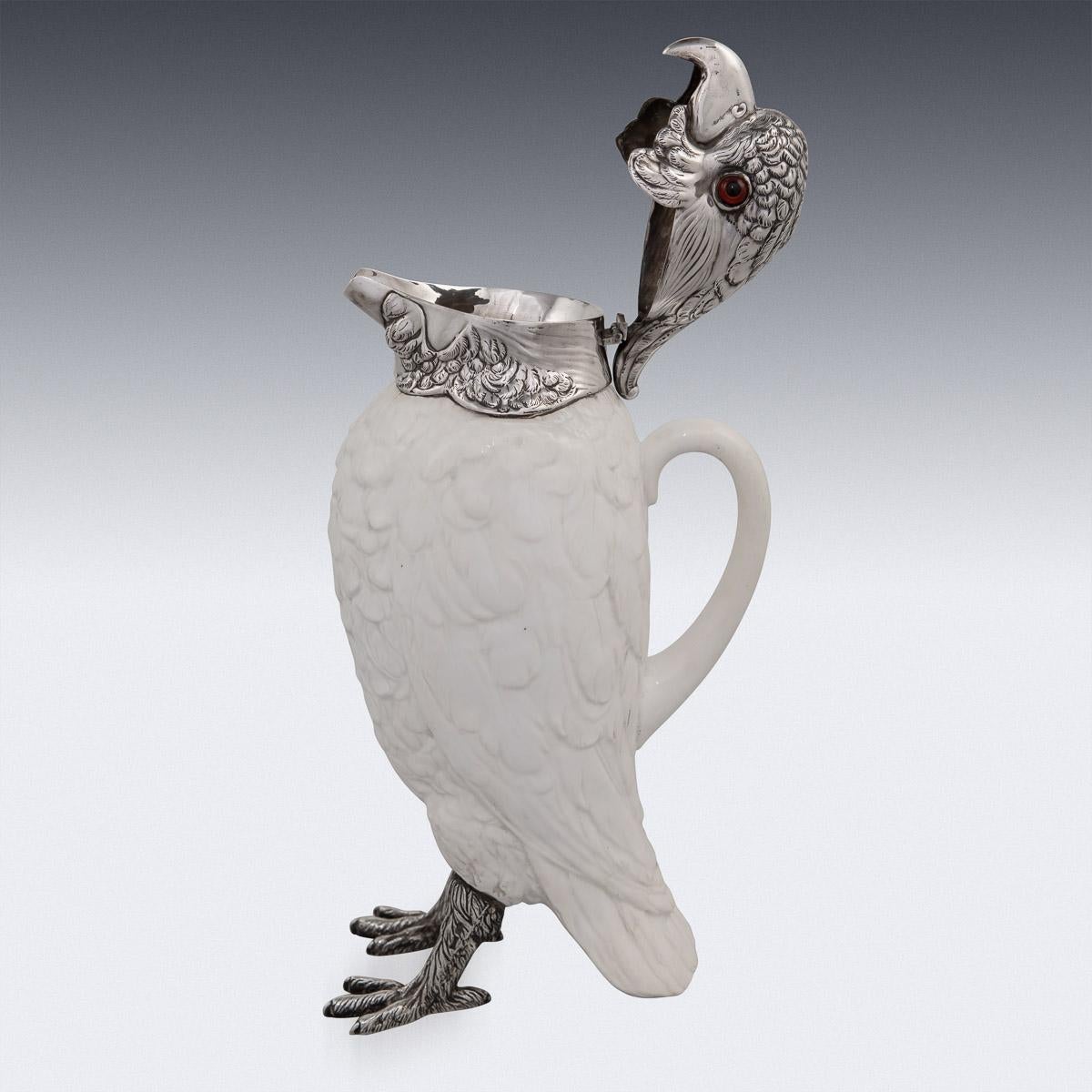 20th Century Novelty Cockatoo Solid Silver & Porcelain Claret Jug, c.1927 In Good Condition In Royal Tunbridge Wells, Kent