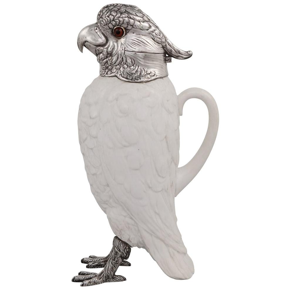 20th Century Novelty Cockatoo Solid Silver & Porcelain Claret Jug, c.1927