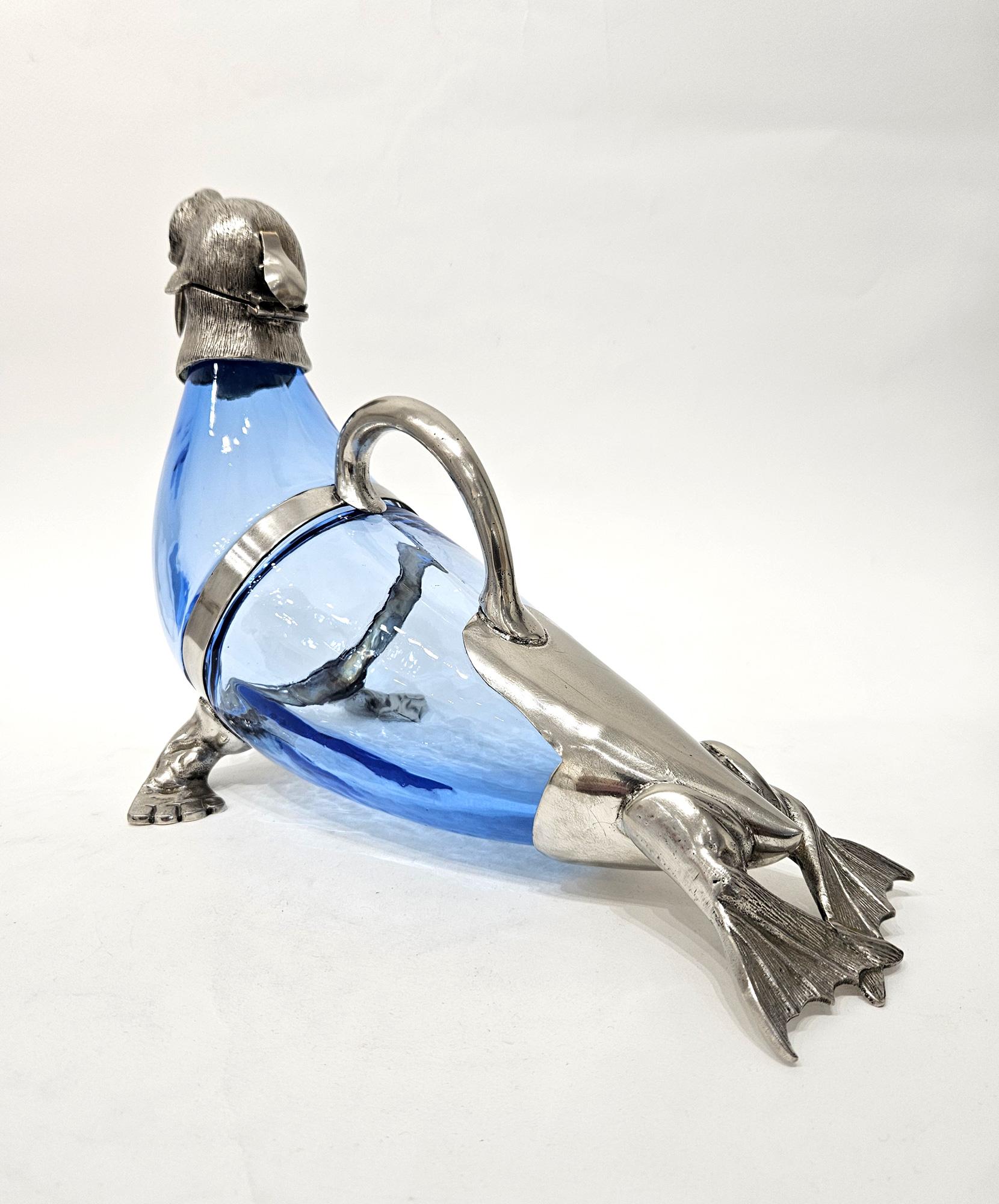 Siglo XX Novedad Plato de plata Cristal azul Morsa Jarra Claret Decantador Jarra en venta 5