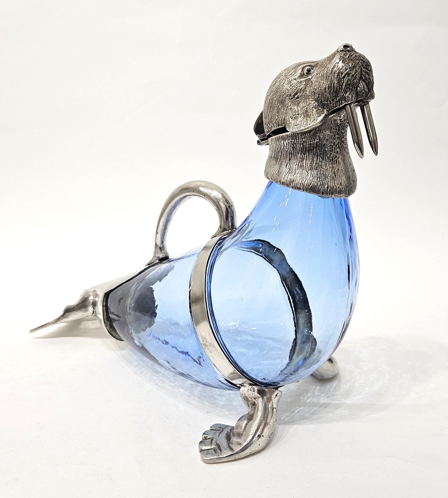 Siglo XX Novedad Plato de plata Cristal azul Morsa Jarra Claret Decantador Jarra siglo XX en venta