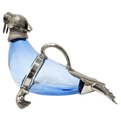 20th Century Novelty Silver Plate Blue Glass Walrus Claret Jug Decanter Carafe