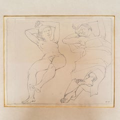 Dibujo de desnudo del siglo XX en marco dorado al estilo de Egon Schiele, 1983