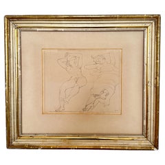Dessin de nu du 20e siècle dans un cadre doré dans le style d'Egon Schiele, 1983
