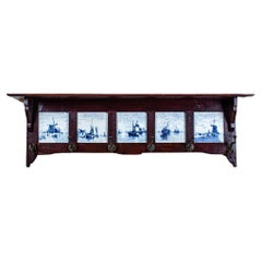 20th-Century Oak Coat Rack with Faience from Delft
