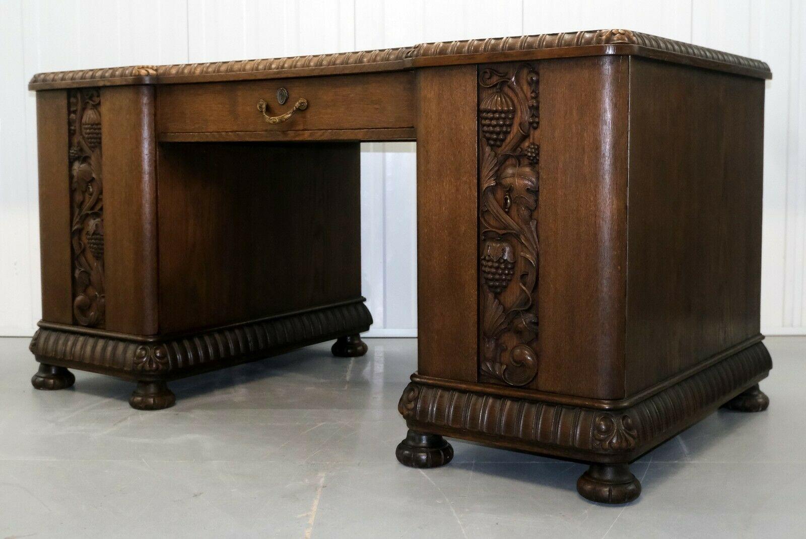 Victorian 20th Century Oak Desk with Grapes and Vine Leaves Carvings & Sliding Shelves For Sale