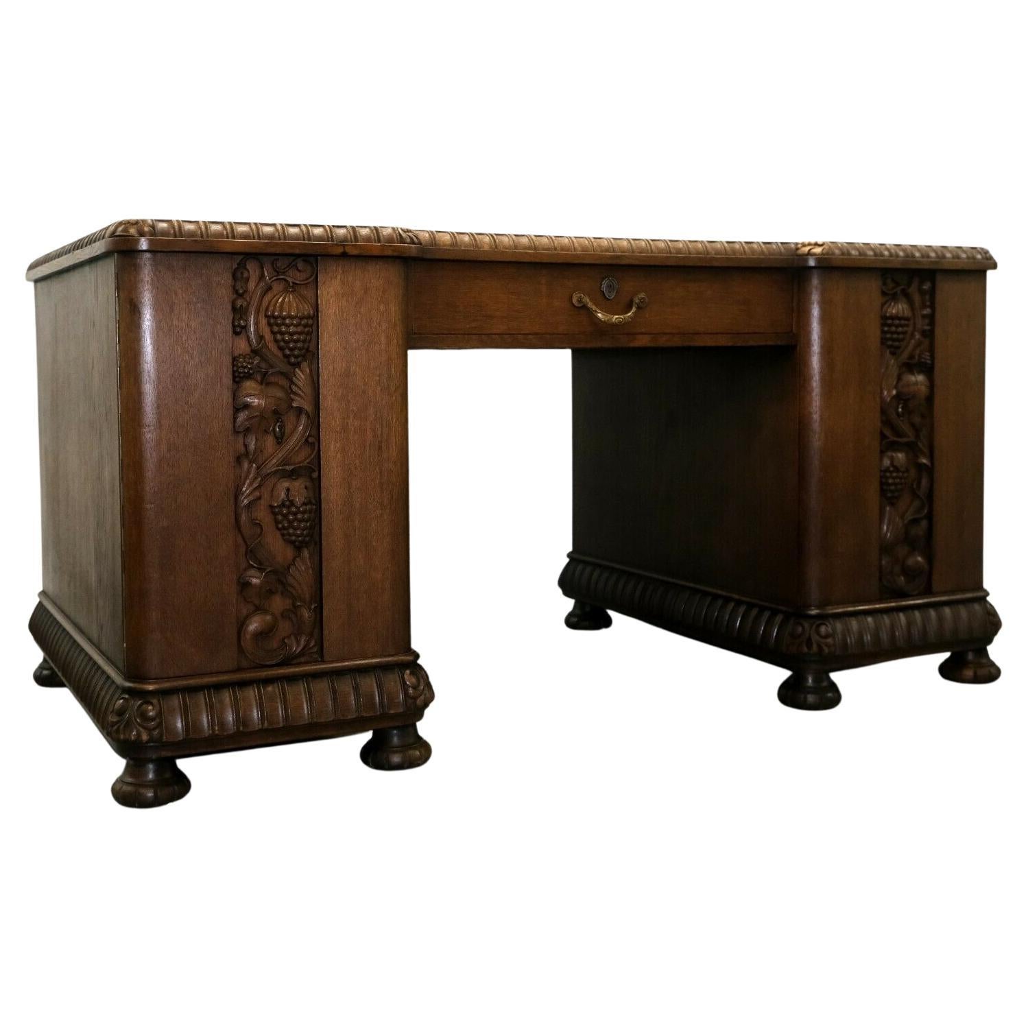 20th Century Oak Desk with Grapes and Vine Leaves Carvings & Sliding Shelves For Sale