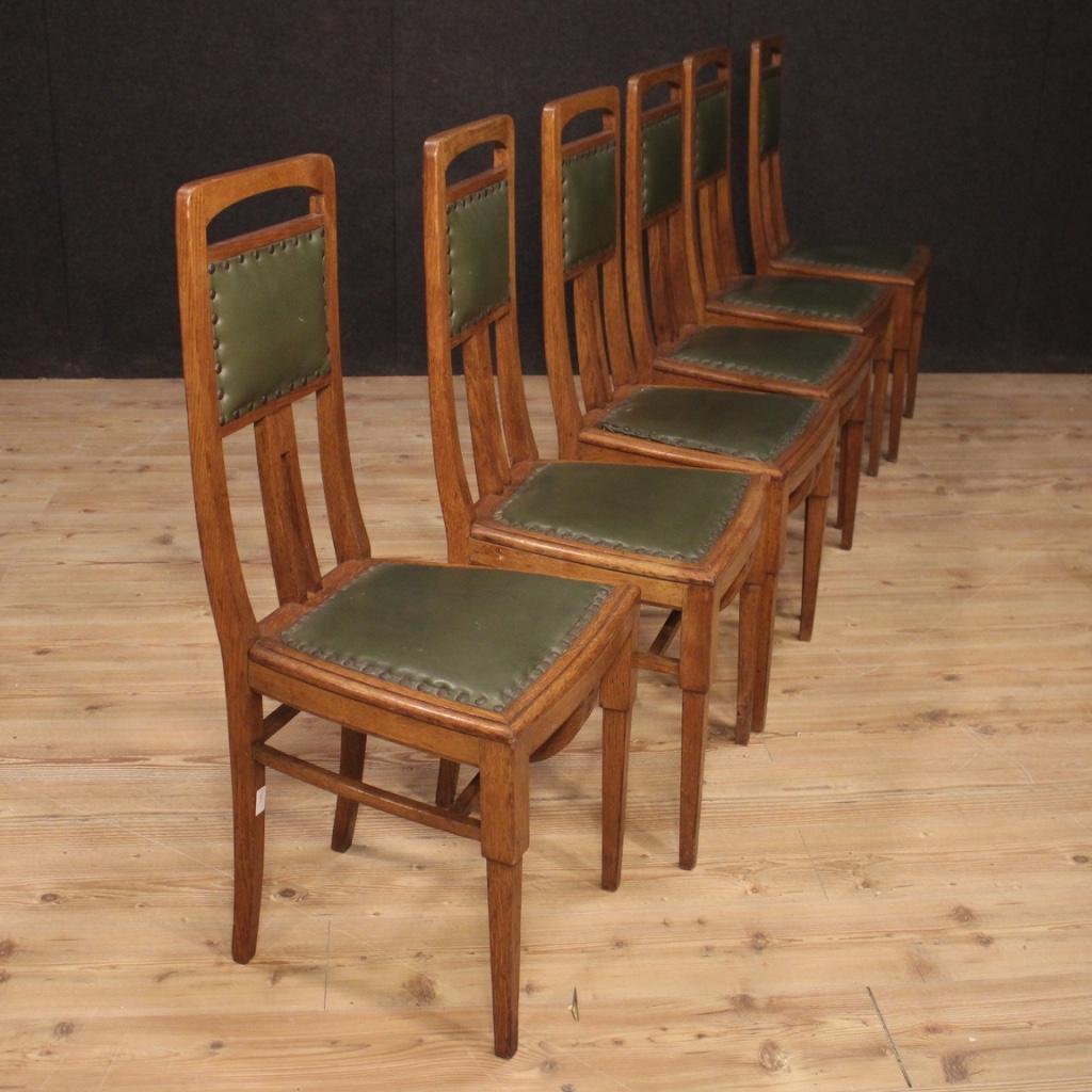 20th Century Oakwood and Green Faux Leather French Art Deco 6 Chairs, 1910 In Good Condition In Vicoforte, Piedmont