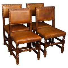20th Century Oak Wood and Leather Dutch 4 Chairs, 1950