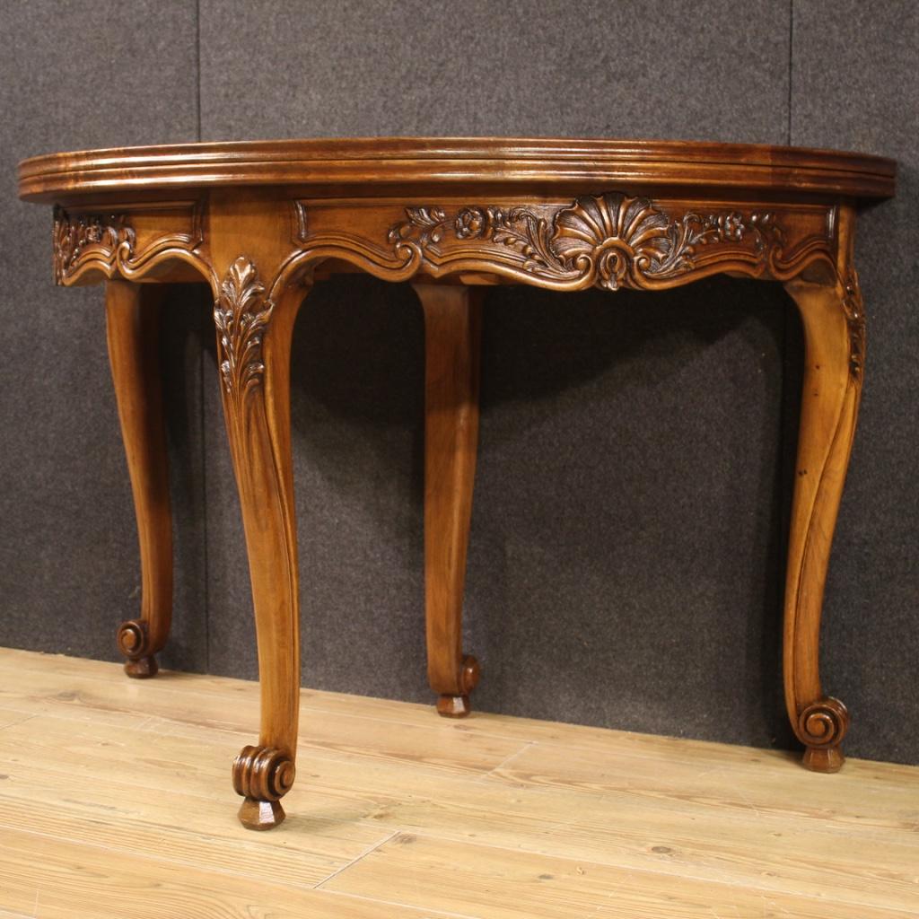 table Demilune française en bois de chêne du 20e siècle avec décorations géométriques, 1960 en vente 2