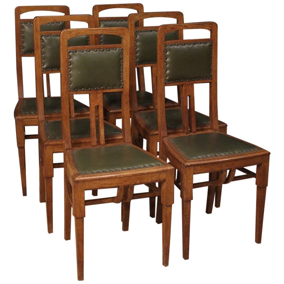 20th Century Oakwood and Green Faux Leather French Art Deco 6 Chairs, 1910