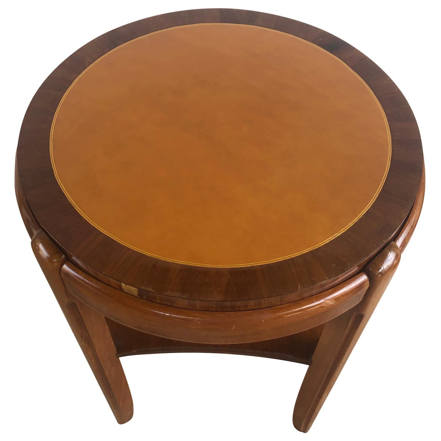 Leather 20th Century Brown Occasional Round Art Deco Side Table, Small Italian End Table